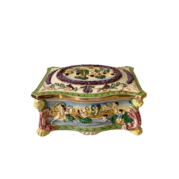 VTG 1950s Hand Painted Japanese Ceramic Trinket Box Majolica Ware - Picture 5 of 7